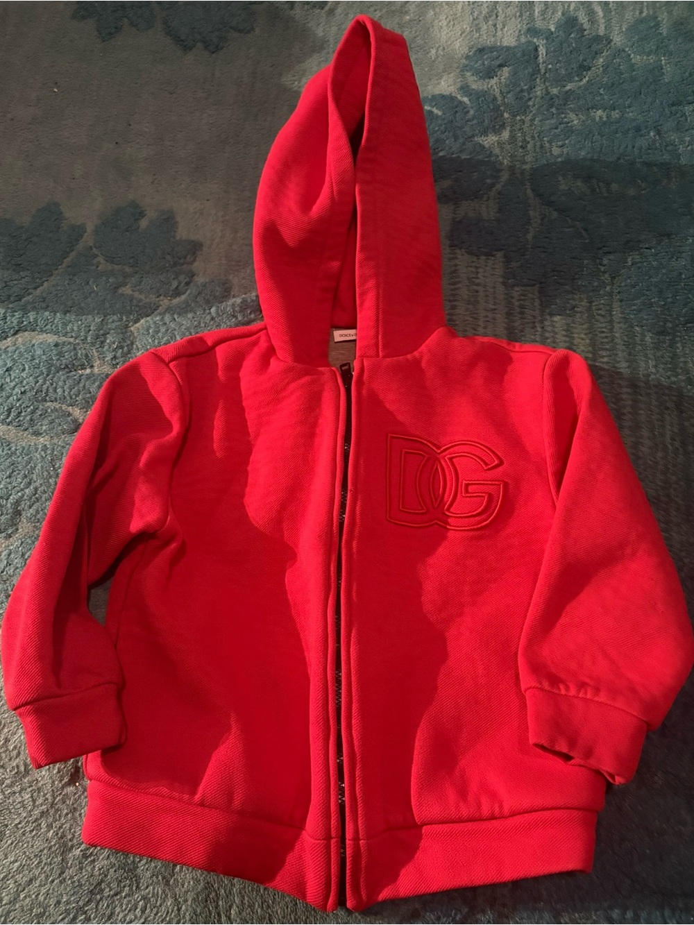 Dolce & Gabbana Kids Red Hooded Zip Sweatshirt with Raised DG Emblem